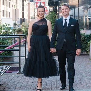 Black, one shoulder, tulle Milla cocktail dress.